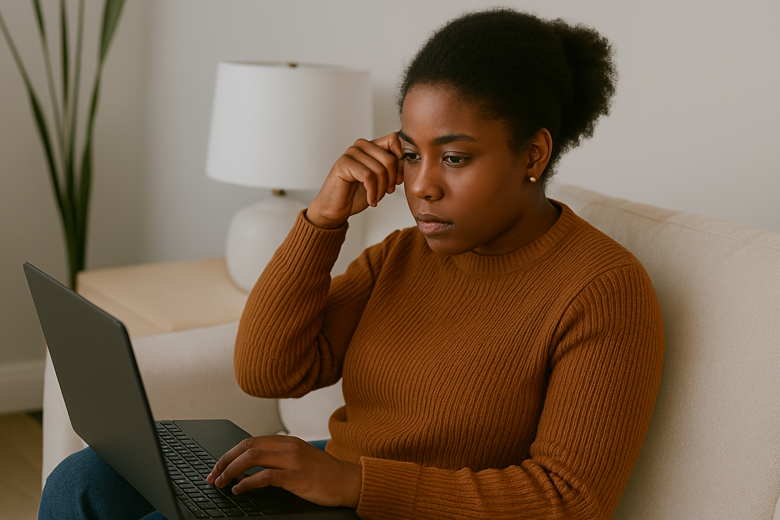 Fanmn chita sou kanape, panse pandan li ap itilize òdinatè  endike refleksyon oswa enkyetid